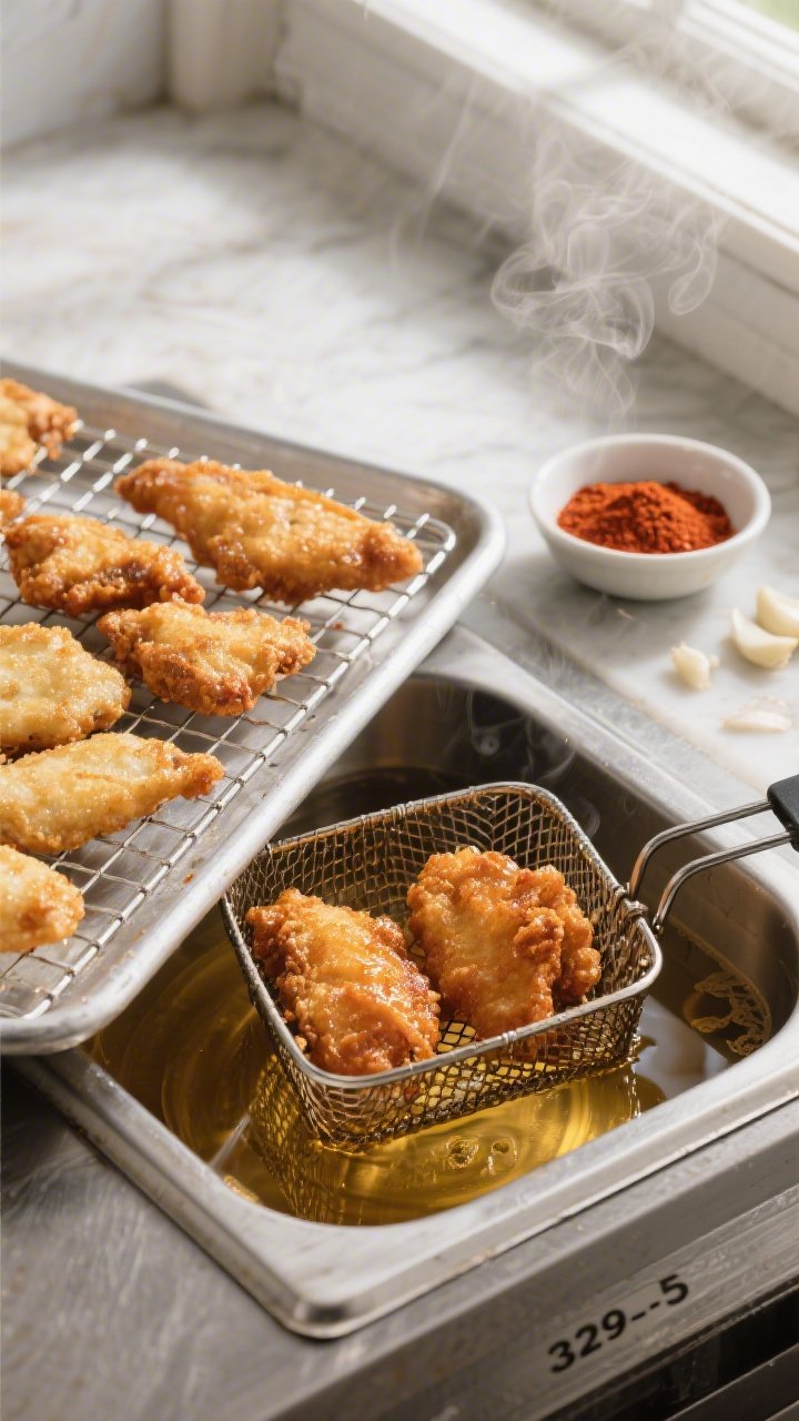 5 inches of oil at 325–350°F, showing staggered doneness—some pieces mid-fry with pale gold cru