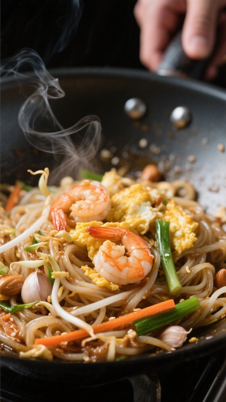 Close-up action shot: Glossy rice noodles tossed in a hot wok with gluten-free Pad Thai sauce, shrim