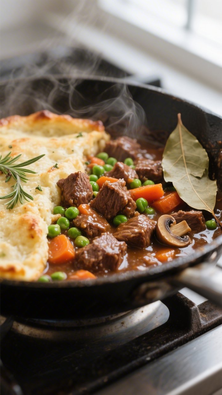 Close-up detail: A bubbling skillet of gluten-free shepherd’s pie filling just after thickening—