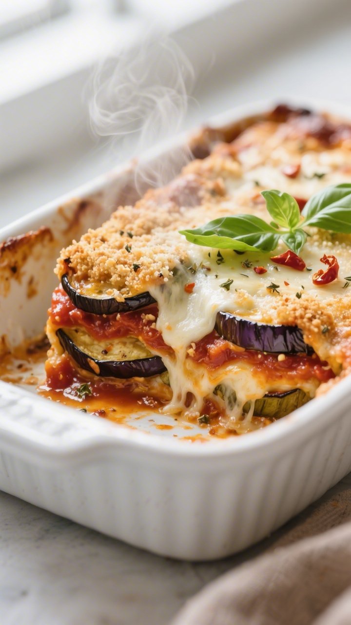 Close-up detail: A bubbling slice of baked aubergine Parmesan just out of the oven, showing layers o