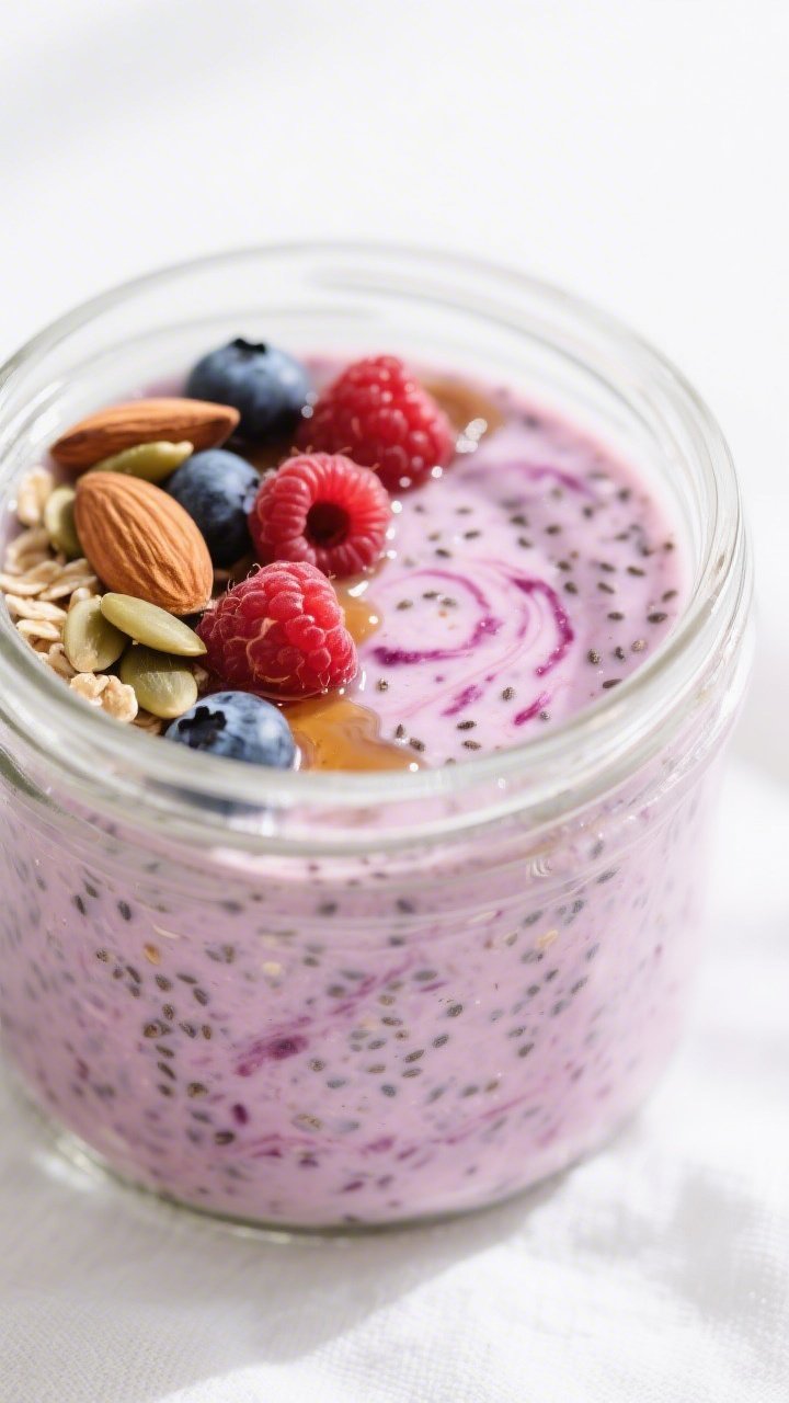 Close-up detail: A chilled jar of overnight gluten-free oats just opened in the morning, thick and c