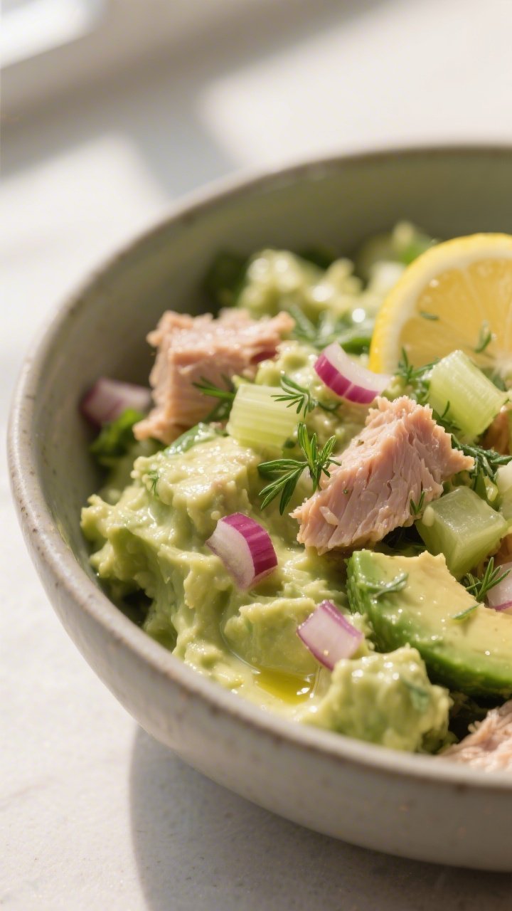 Close-up detail: A creamy-glossy tuna and avocado salad mid-mix in a matte ceramic bowl, avocado mas