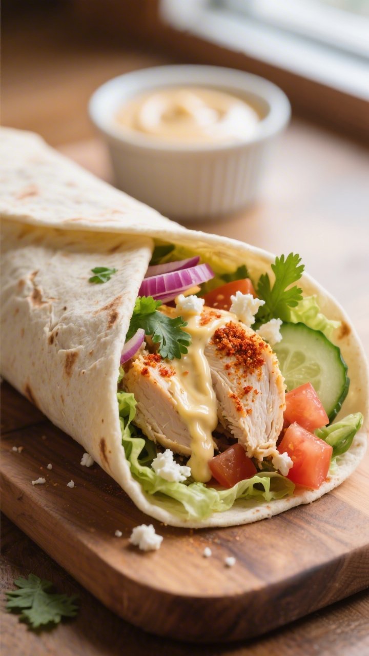 Close-up detail: A freshly assembled gluten-free chicken wrap on a wooden board, mid-roll with sides