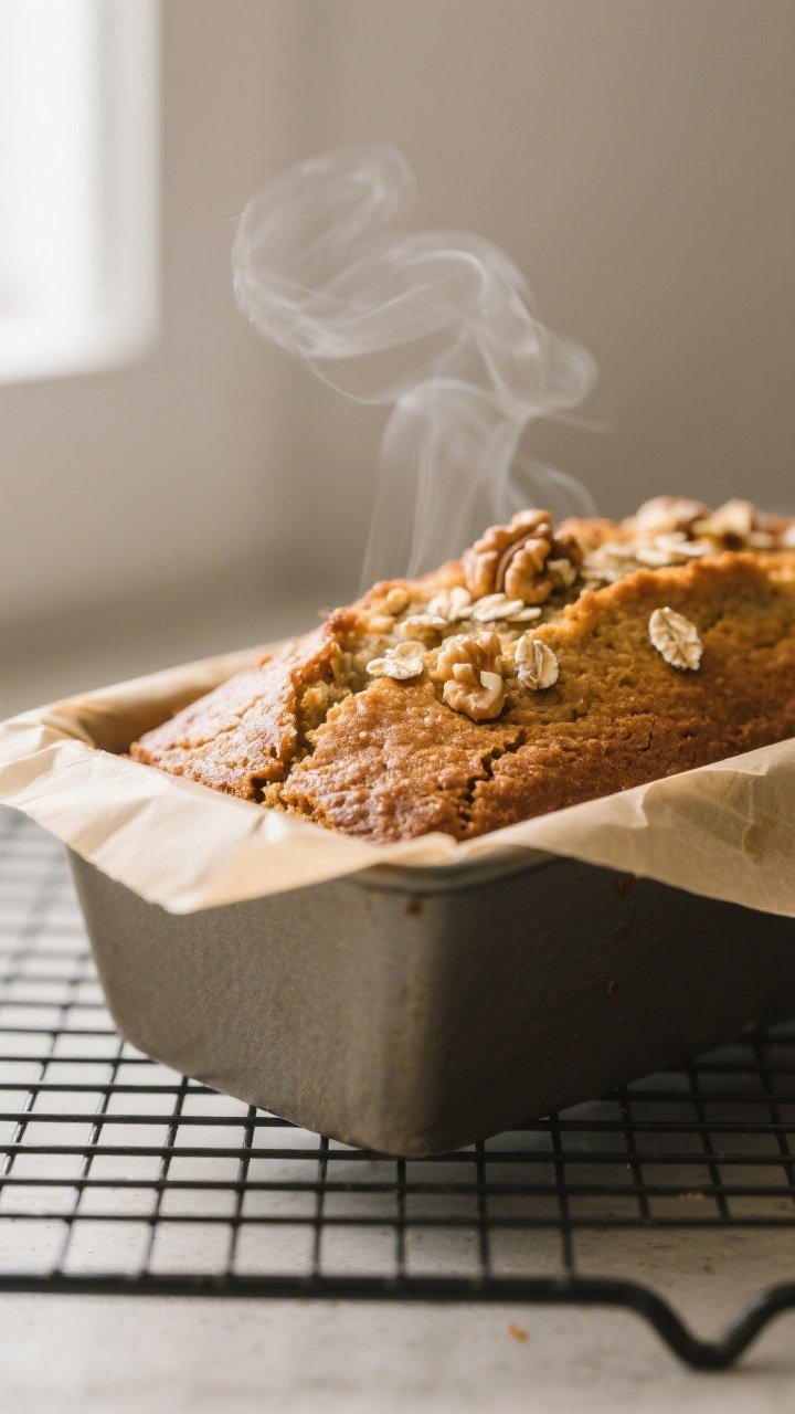 Close-up detail: A freshly baked gluten-free vegan banana bread loaf just lifted from the pan onto a