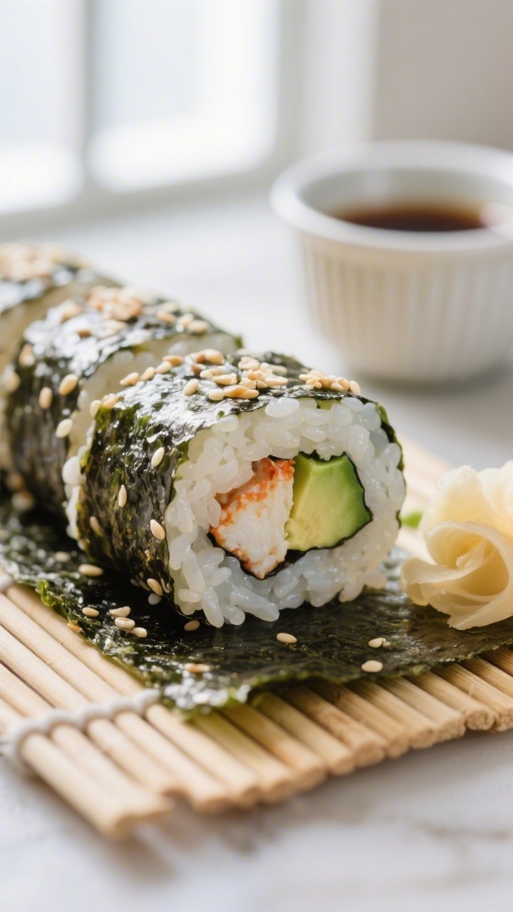 Close-up detail: A freshly sliced gluten-free California-style sushi roll (real crab, avocado, cucum