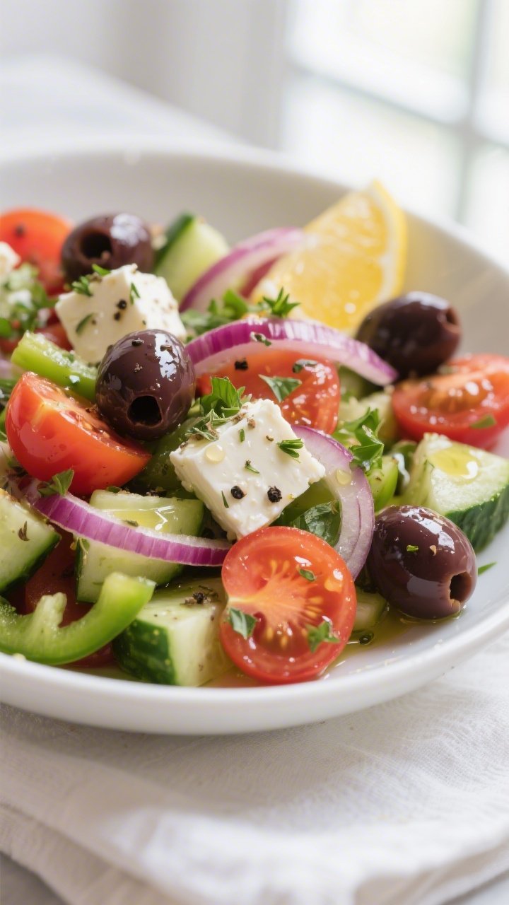 Close-up detail: A glistening Greek salad just after tossing, showing juicy halved cherry tomatoes, 
