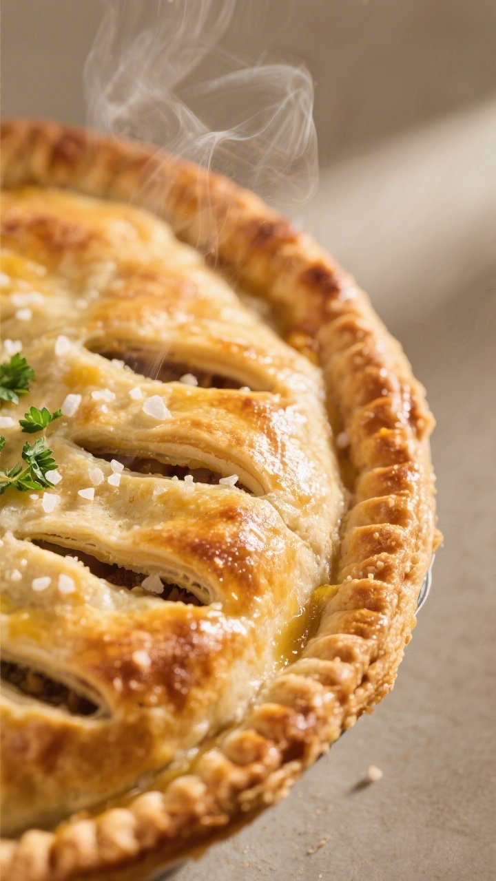 Close-up detail: A golden, gluten-free pot pie crust just out of the oven with pronounced flaky laye