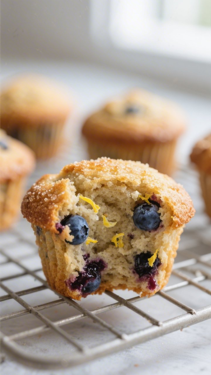 Close-up detail: A just-baked blueberry vegan muffin torn open to reveal a tender, moist crumb studd