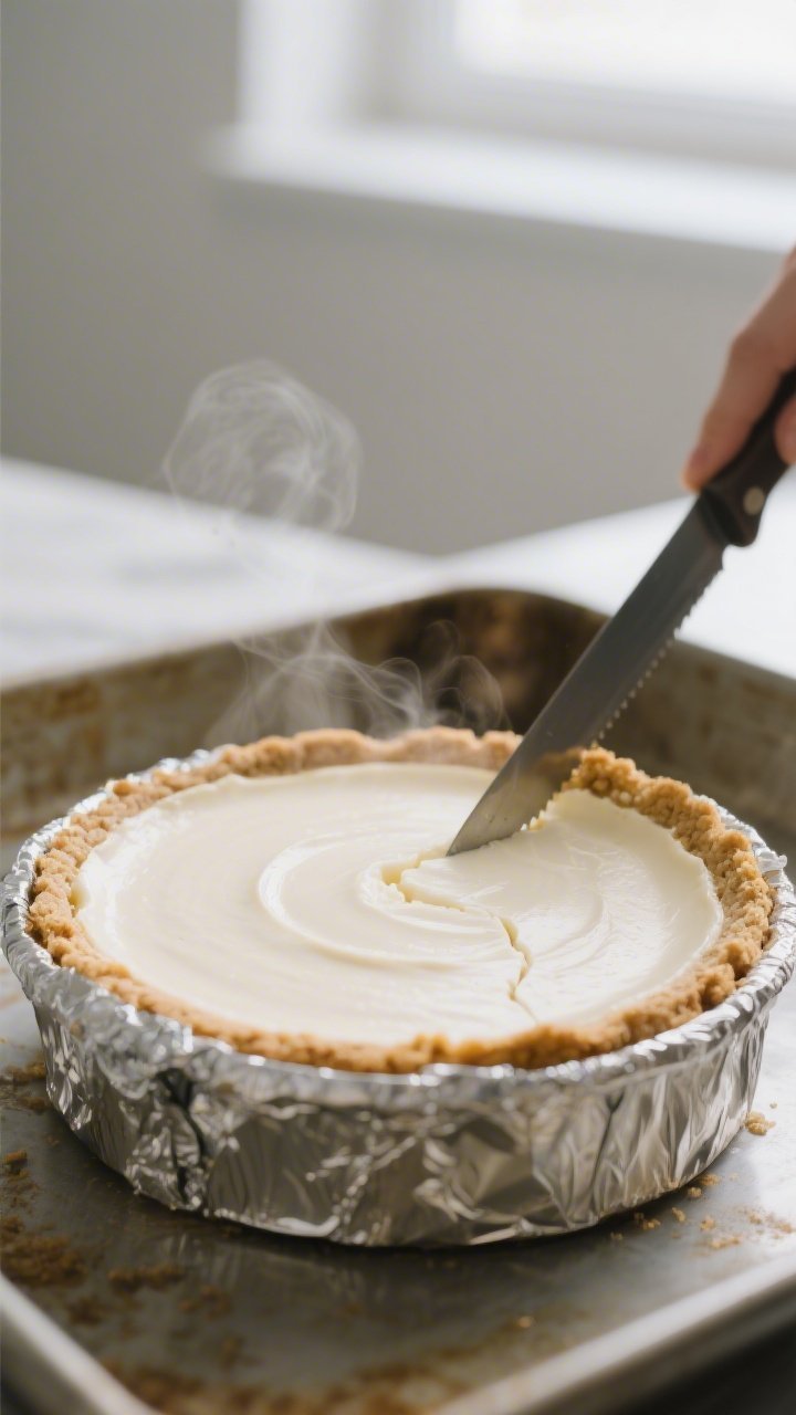 Close-up detail: A just-baked gluten-free cheesecake still in the foil-wrapped springform pan, surfa