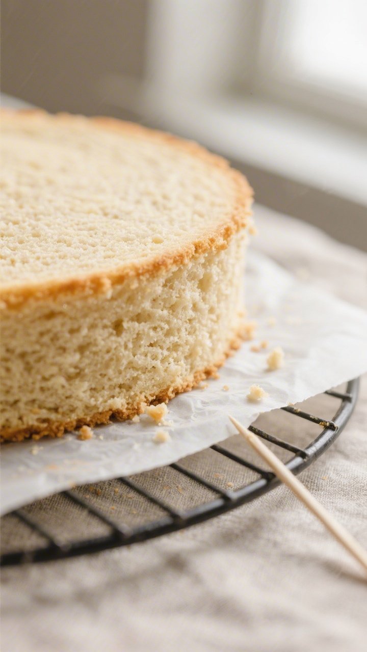 Close-up detail: A just-baked gluten-free vanilla cake layer cooling on a wire rack, parchment peele