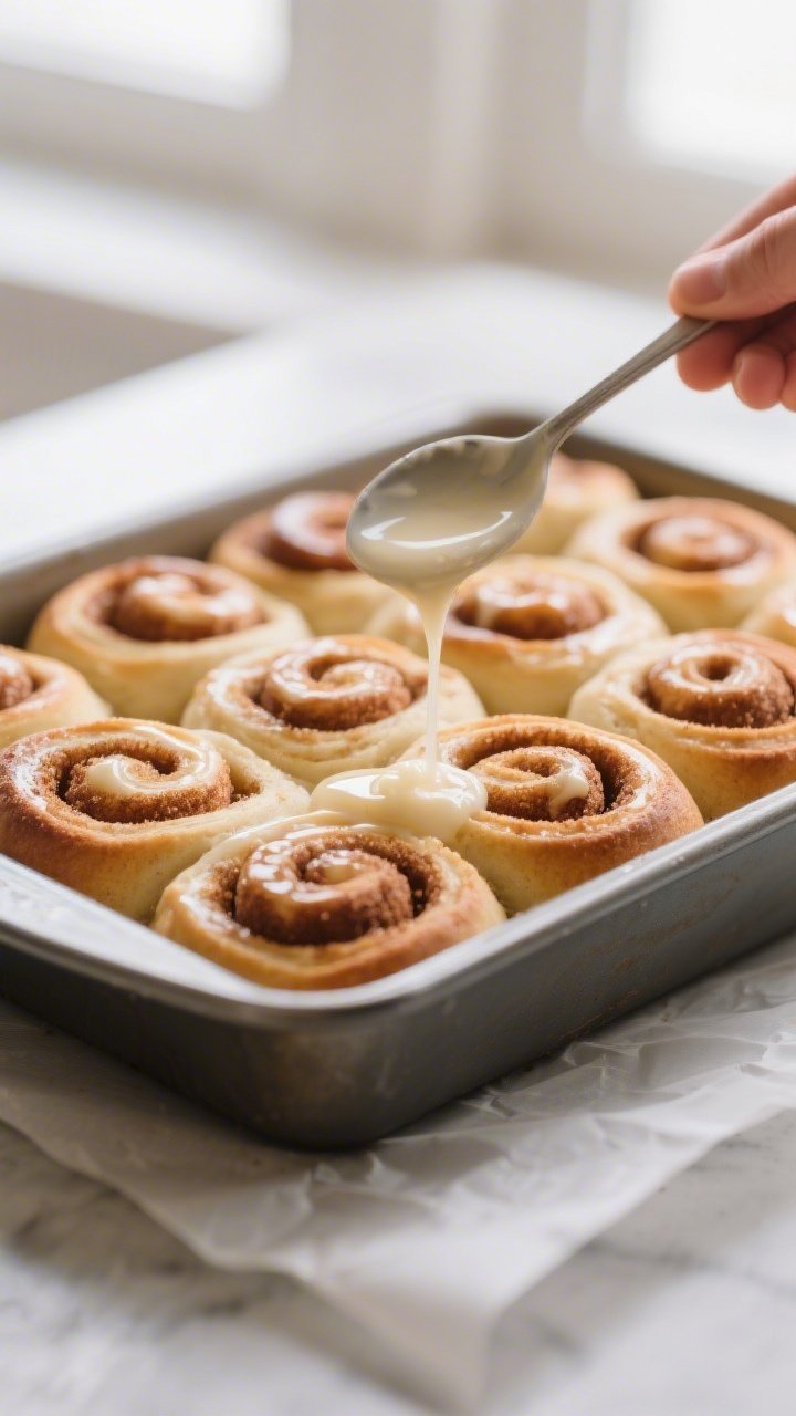 Close-up detail: A just-baked pan of gluten-free cinnamon rolls pulled from the oven, tops lightly g
