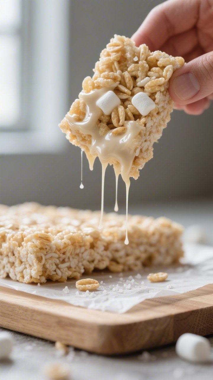 Close-up detail: A just-cut square of gluten-free rice crispy treat held upright on a parchment-line