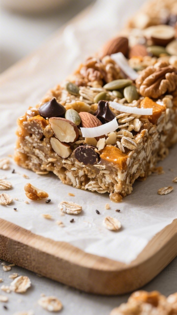 Close-up detail: A just-sliced gluten-free vegan energy bar showing a clean cross-section packed wit