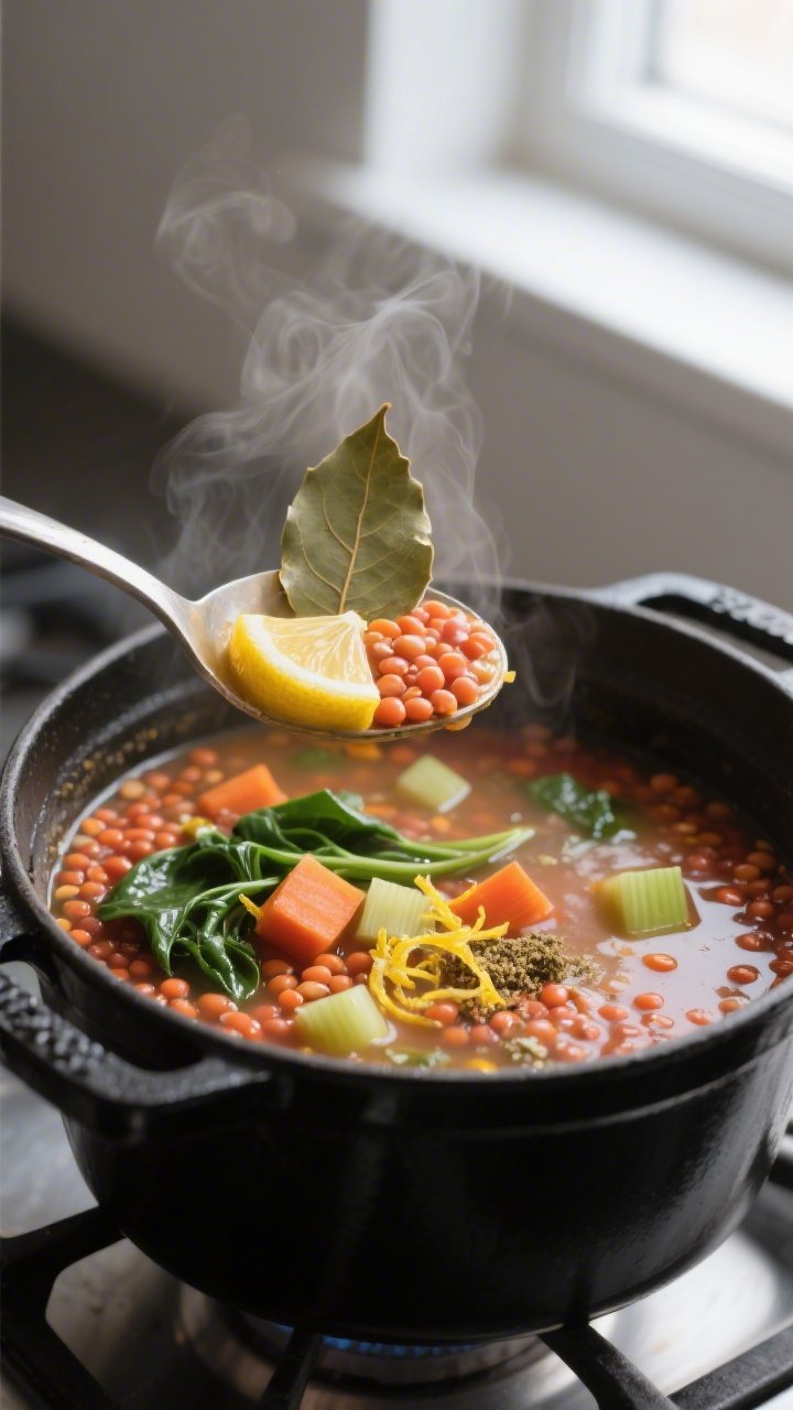 Close-up detail: A ladle lifting simmering lemon lentil soup from a matte black Dutch oven, showing 