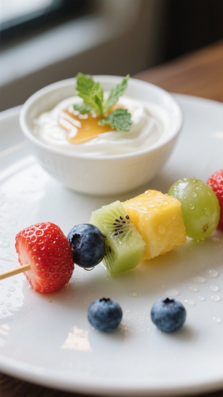 Close-up detail: A prepared fruit skewer section with alternating strawberry, pineapple cube, bluebe