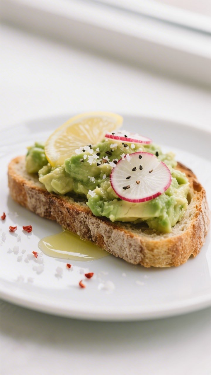 Close-up detail: A slice of toasted gluten-free sourdough topped with chunky mashed avocado seasoned