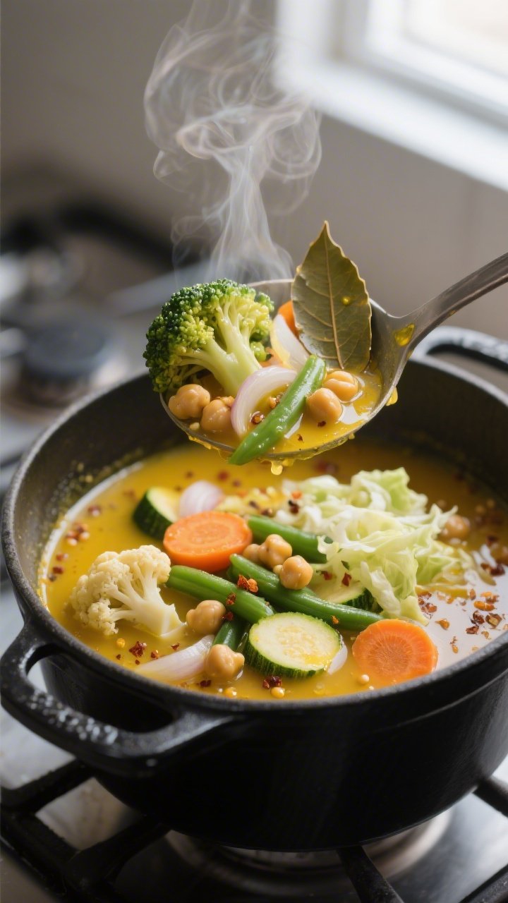 Close-up detail: A steaming ladle lifting vibrant cooked vegetable soup from a matte black Dutch ove