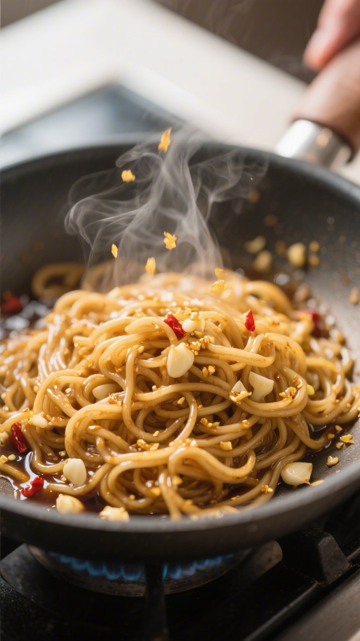 Close-up detail: A tangle of glossy garlic noodles being tossed in a skillet, strands coated in a bu