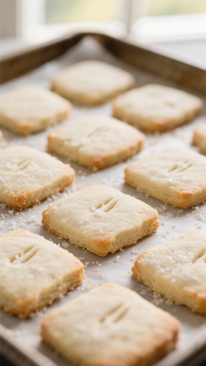 Close-up detail: A tray of freshly baked gluten-free shortbread biscuits just out of the oven, pale