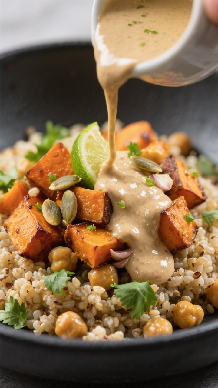Close-up detail: Creamy tahini-lime sauce being drizzled in a glossy ribbon over a mound of warm, fl