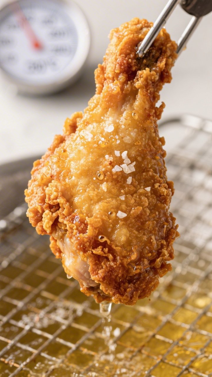 Close-up detail: Crispy gluten-free fried chicken thigh just lifted from oil, deep golden crust made