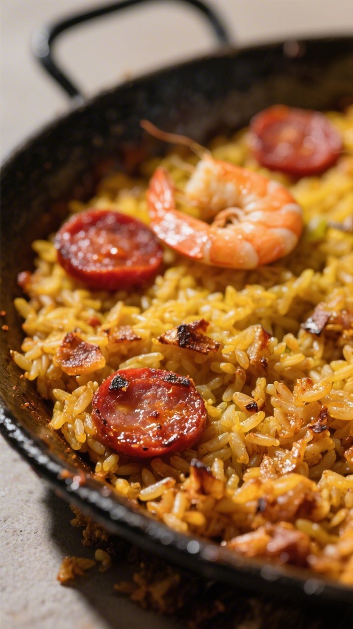 Close-up detail: Extreme close-up of the coveted socarrat—crispy, caramelized rice at the bottom e