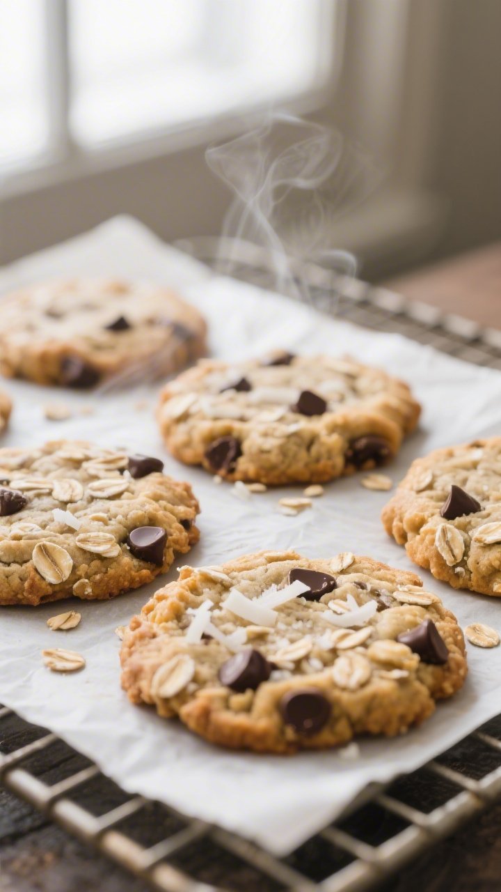 Close-up detail: Freshly baked Banana Oat Breakfast Cookies just out of the oven on a parchment-line