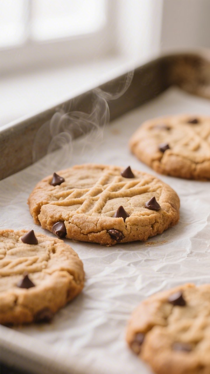 Close-up detail: Freshly baked gluten-free peanut butter cookies just out of the oven on a parchment