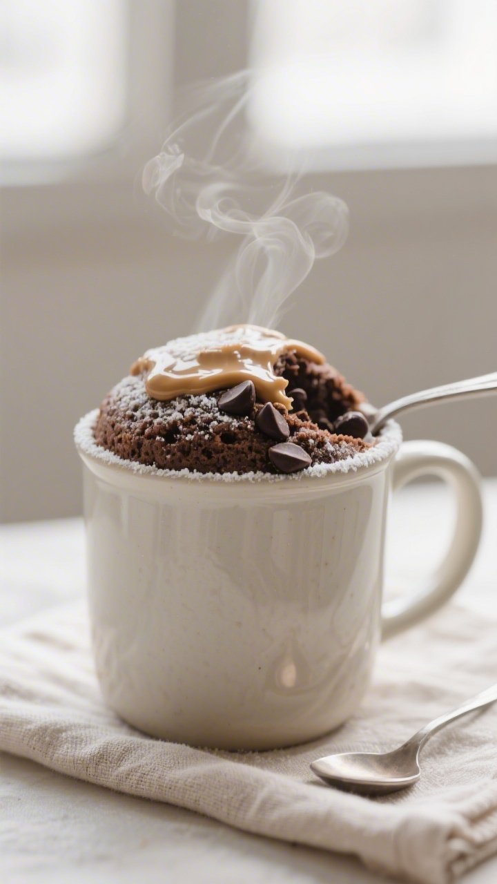 Close-up detail: Freshly microwaved gluten-free chocolate mug cake in a 12-ounce ceramic mug, domed 