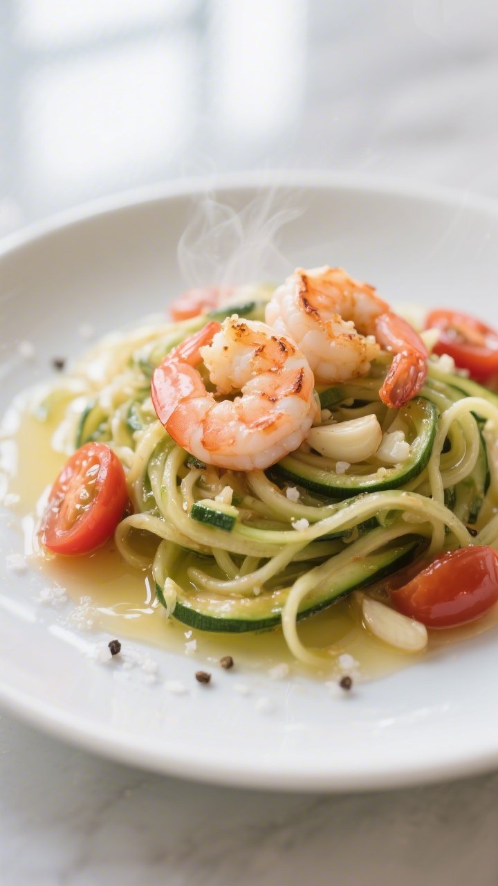 Close-up detail: Garlic shrimp nestled over sautéed zucchini noodles, glistening in melted butter w