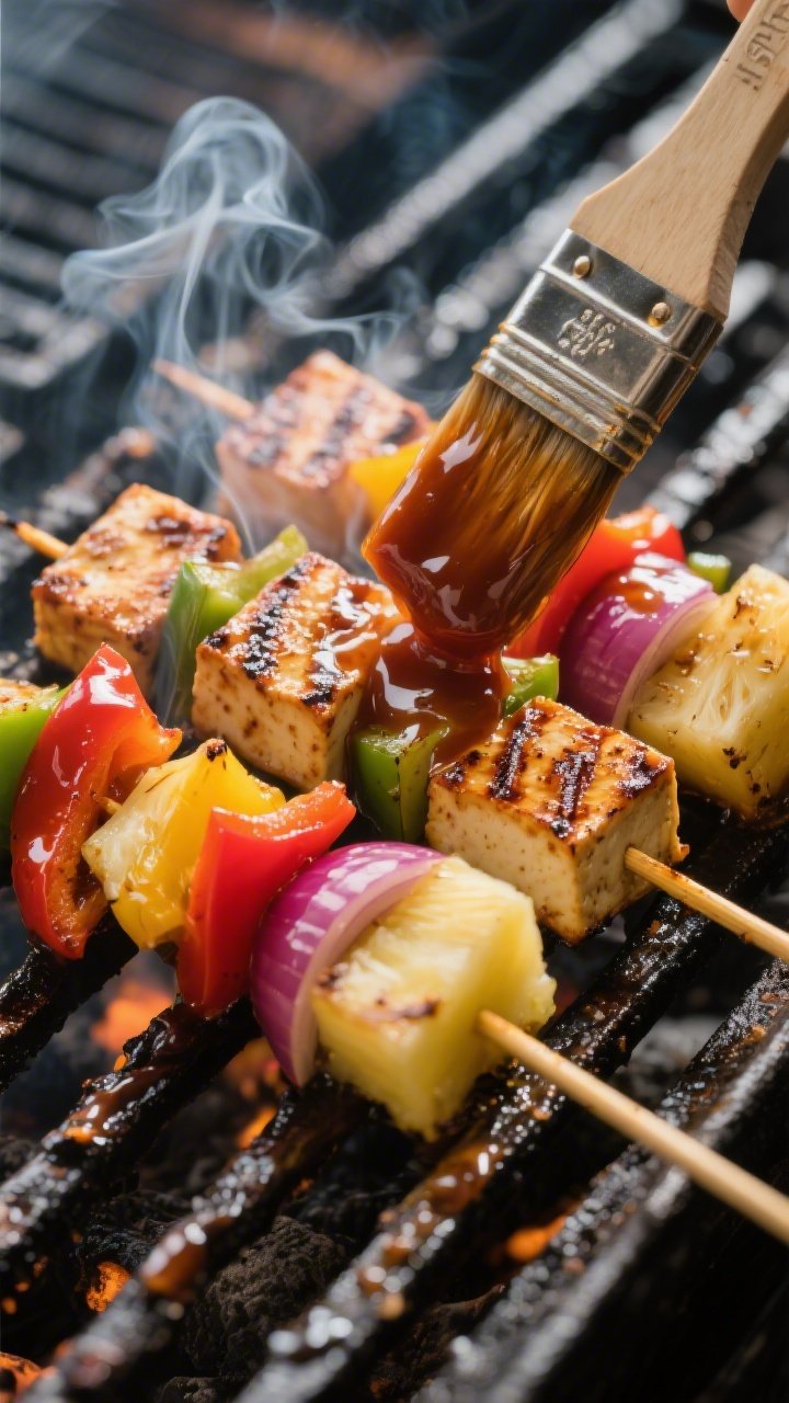 Close-up detail: Glazed BBQ tofu skewers sizzling on a grill, mid-cook, with pronounced grill marks 