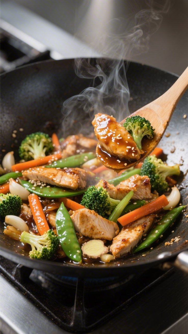Close-up detail: Glossy gluten-free chicken stir fry sizzling in a wok mid-cook, showing seared, cor