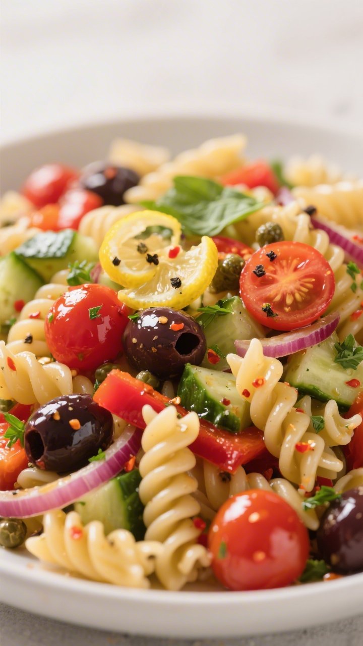 Close-up detail: Glossy rotini pasta salad just after tossing, noodles coated in emulsified olive oi