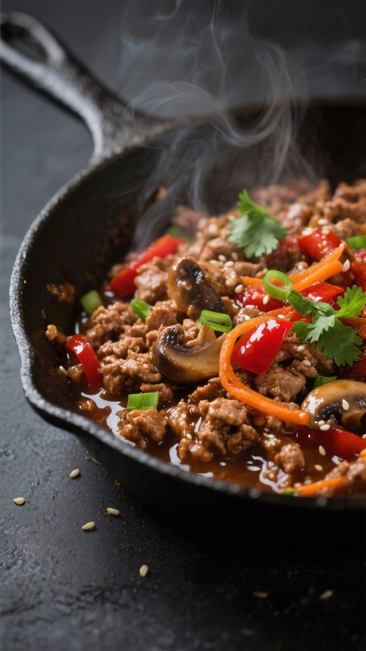 Close-up detail: Glossy, saucy ground turkey filling sizzling in a skillet right after the sauce is 