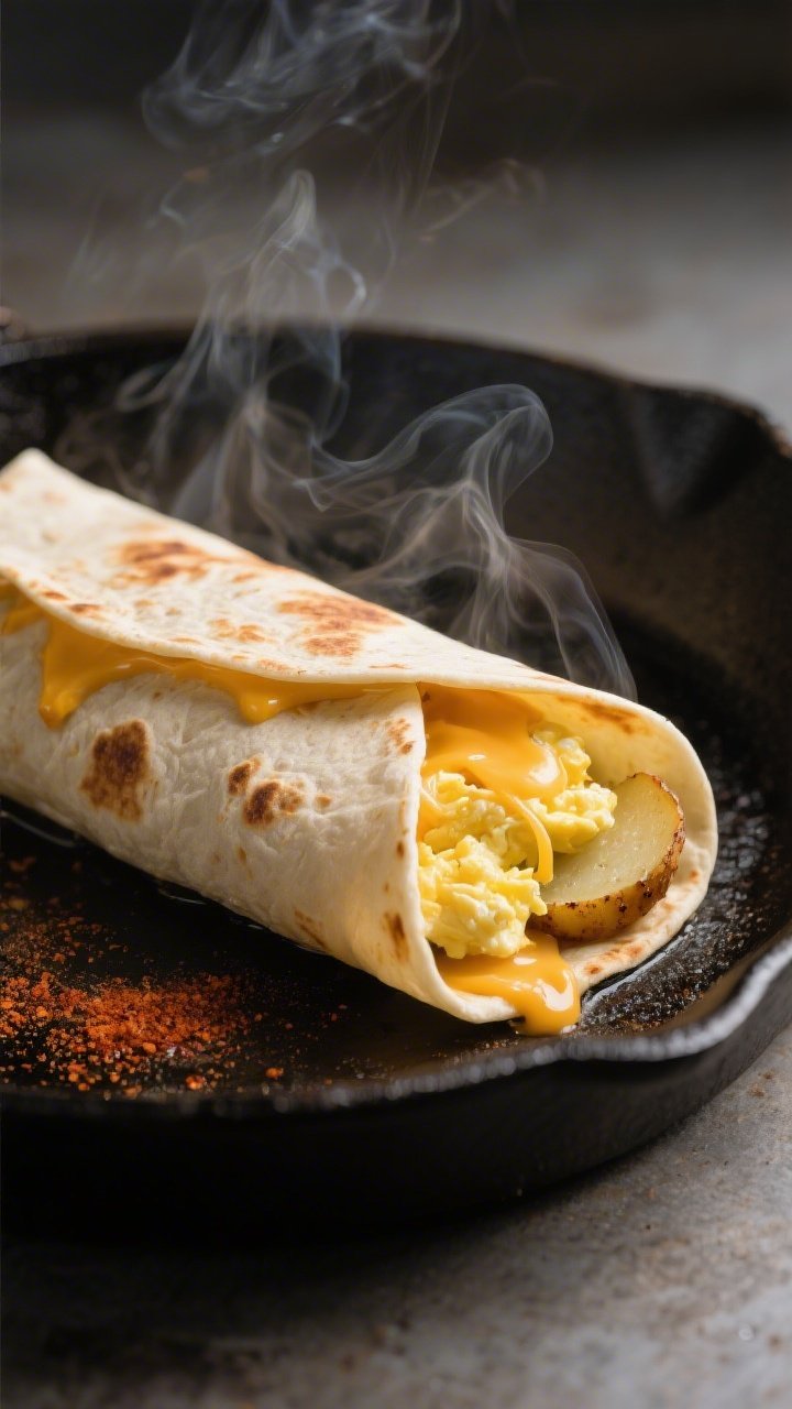 Close-up detail: Gluten-free breakfast burrito being seared seam-side down in a hot skillet, showing