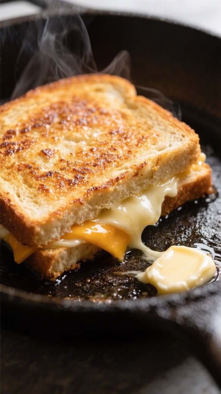 Close-up detail: Gluten-free grilled cheese in a cast-iron skillet mid-cook, low-and-slow technique.