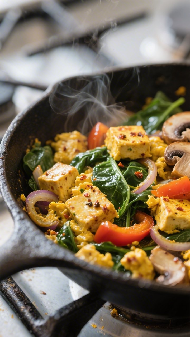 Close-up detail: Golden-browned tofu scramble with sautéed bell peppers, onions, and mushrooms sizz