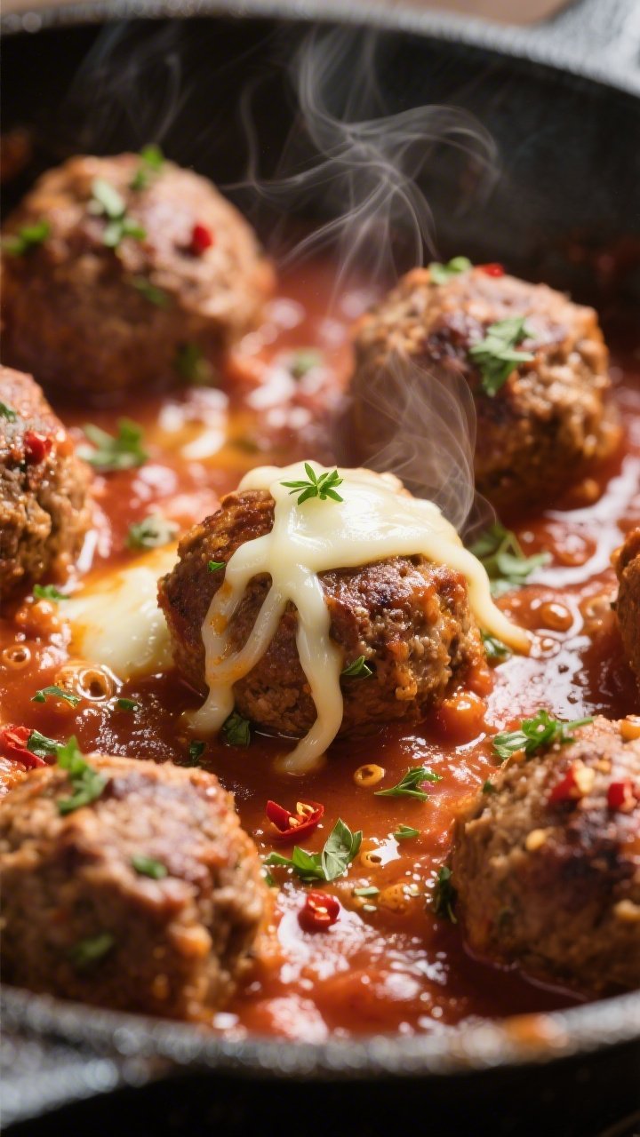 Close-up detail: Juicy gluten-free meatballs just finished simmering in glossy marinara, steam risin