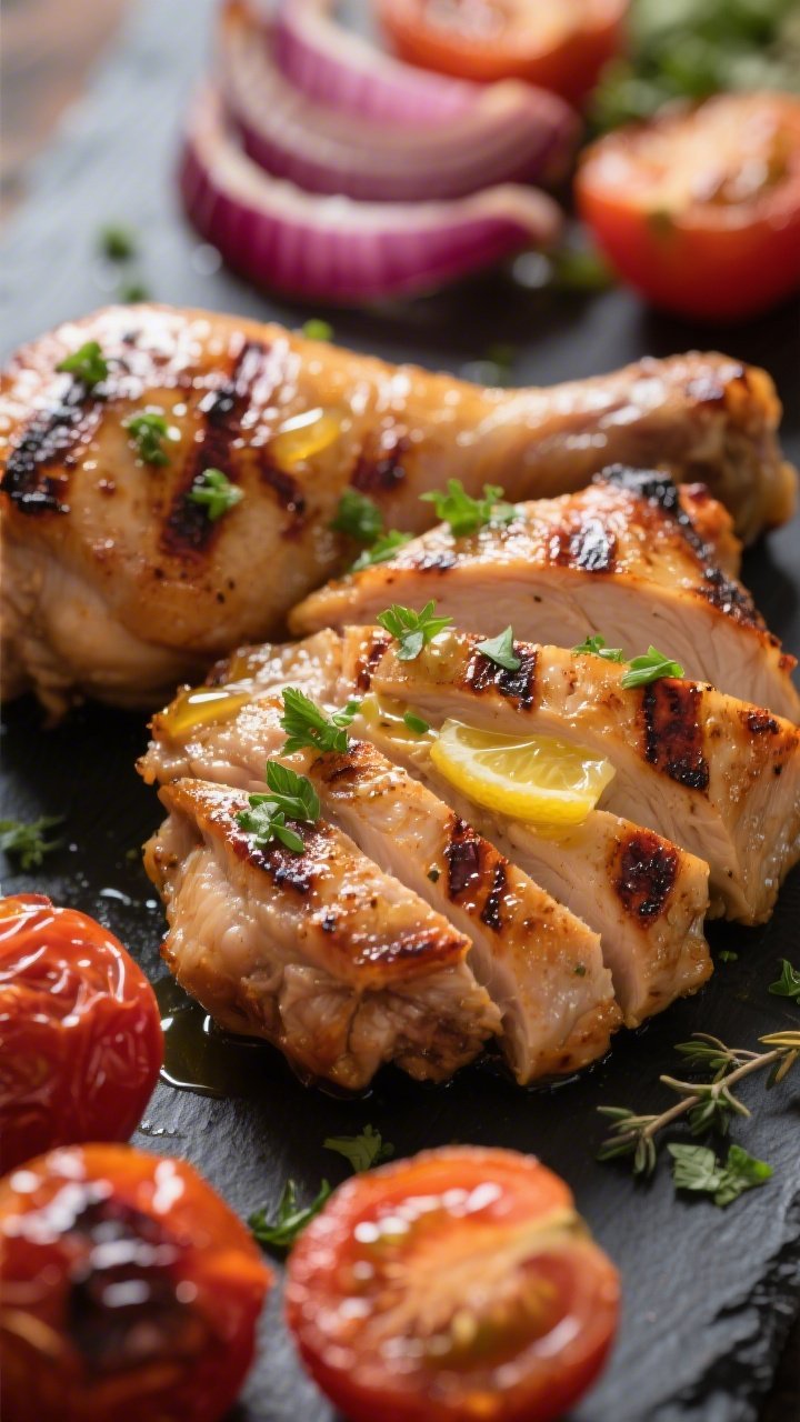 Close-up detail: Juicy grilled chicken thighs sliced against the grain, glistening with olive oil an