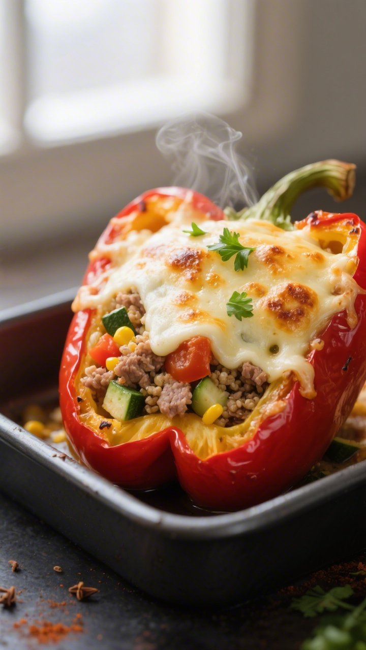 Close-up detail: Melted-cheese-topped gluten-free stuffed bell pepper just out of the oven, showing 