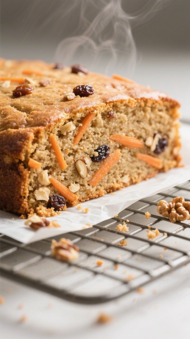 Close-up detail of a freshly baked gluten-free carrot cake layer just out of the pan, resting on a w
