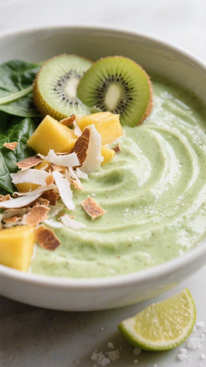 Close-up detail of a Tropical Greens Smoothie Bowl during the “top with texture” step: a lush, p