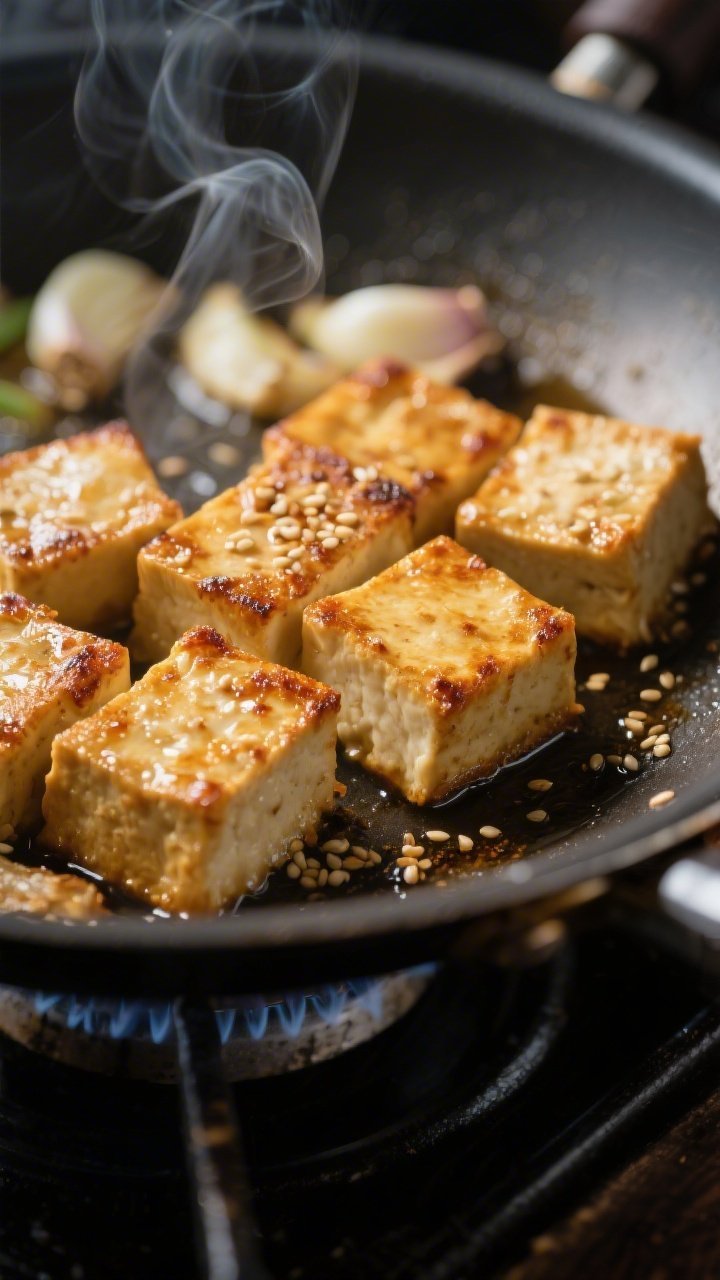 Close-up detail of golden, crispy tofu cubes just after searing in a wok, edges blistered and carame