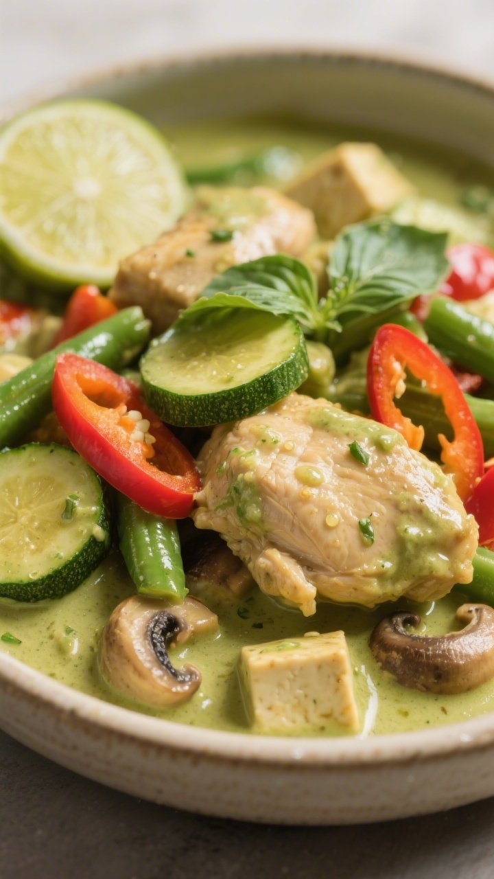 Close-up detail – Protein and veggies in silky sauce: Tight, shallow–depth-of-field close-up of