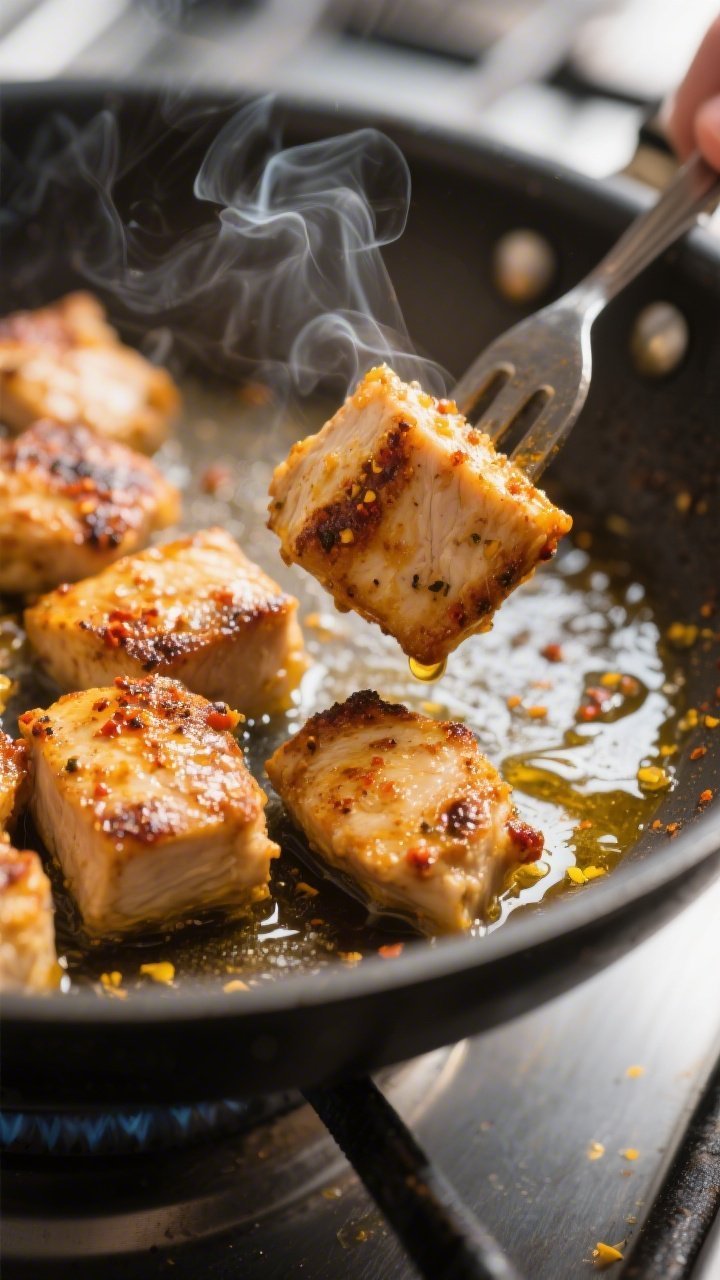 Close-up detail: Seared, marinated chicken tikka pieces sizzling in a wide stainless skillet, lightl