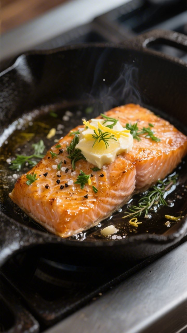 Close-up detail: Searing salmon fillet in an oven-safe skillet, golden crust forming on the presenta