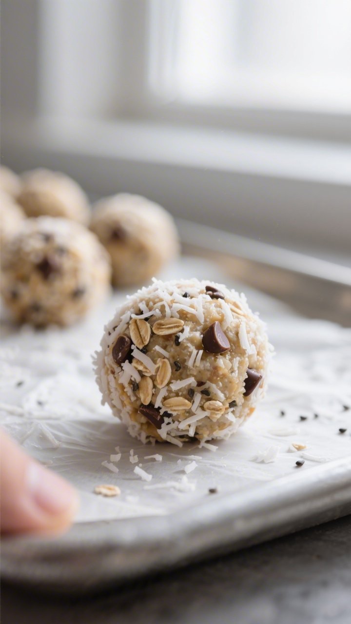 Close-up detail shot: A freshly rolled no-bake gluten-free energy ball held on a parchment-lined tra