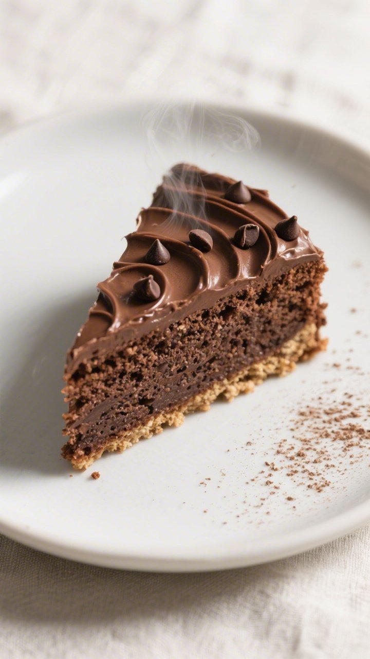 Close-up detail shot: A single slice of gluten-free chocolate cake on a matte white dessert plate, t