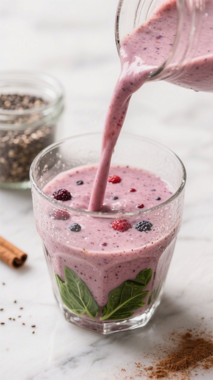 Close-up detail shot of a freshly blended berry-banana spinach smoothie being poured in a smooth, ve