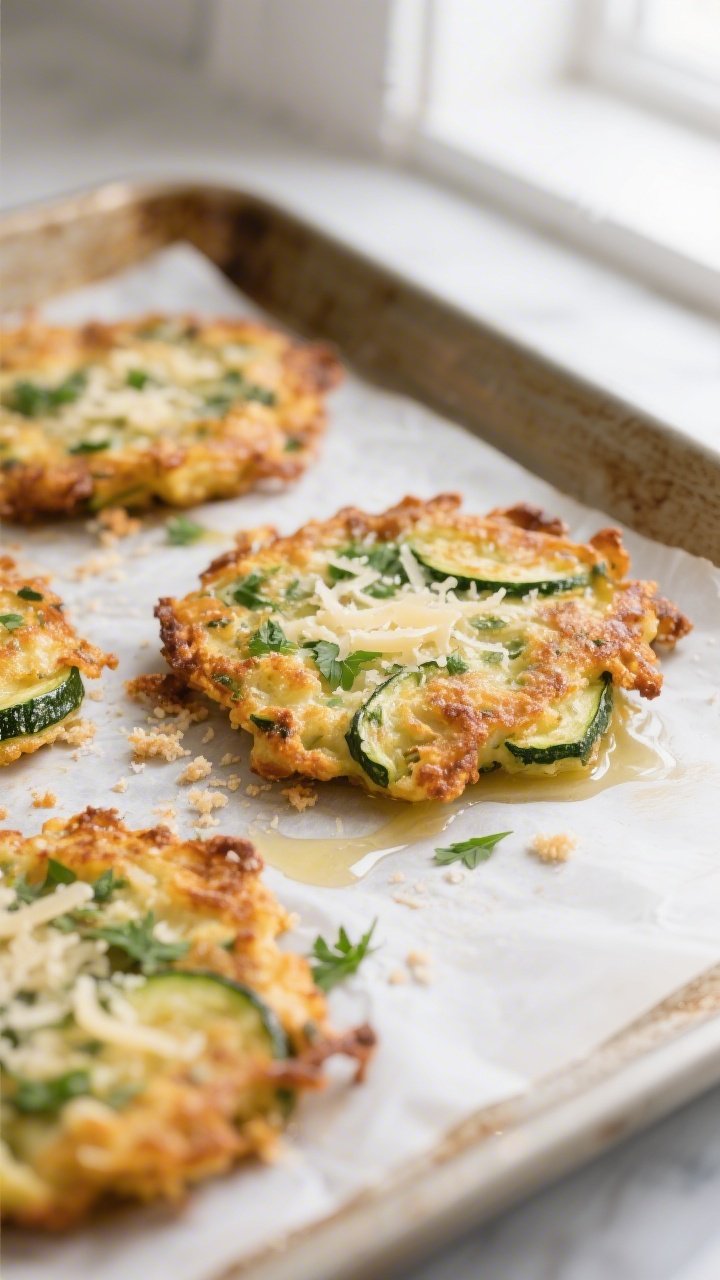 Close-up detail shot of baked zucchini fritters just out of the oven on a parchment-lined sheet pan,